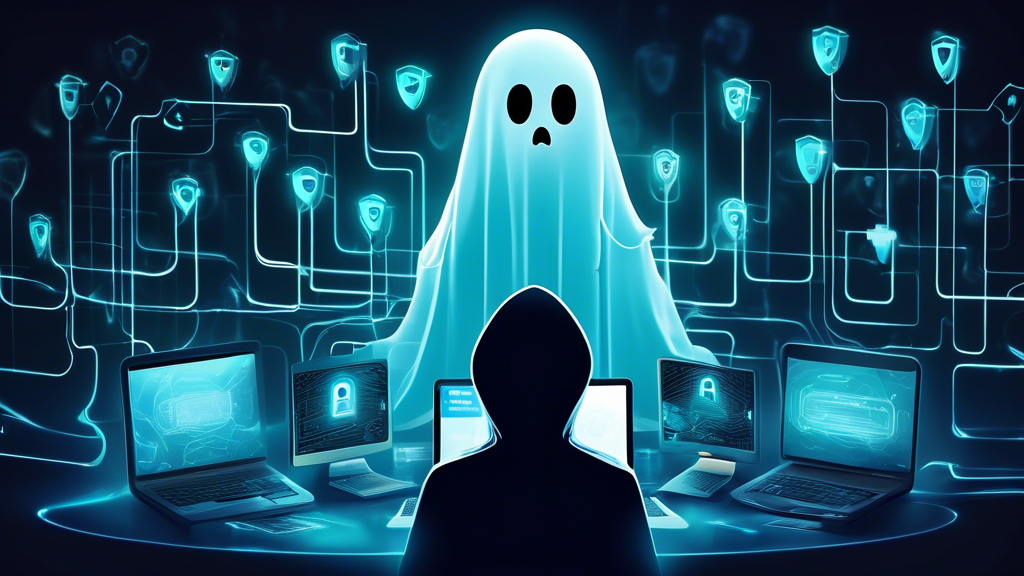 Create an image depicting a digital landscape featuring a ghost-like figure symbolizing anonymity, surrounded by secure locks and shields representing online privacy. In the background, show a computer and smartphone connected by a flowing, glowing line that symbolizes a secure VPN connection. The overall mood should convey safety and security in the digital world.