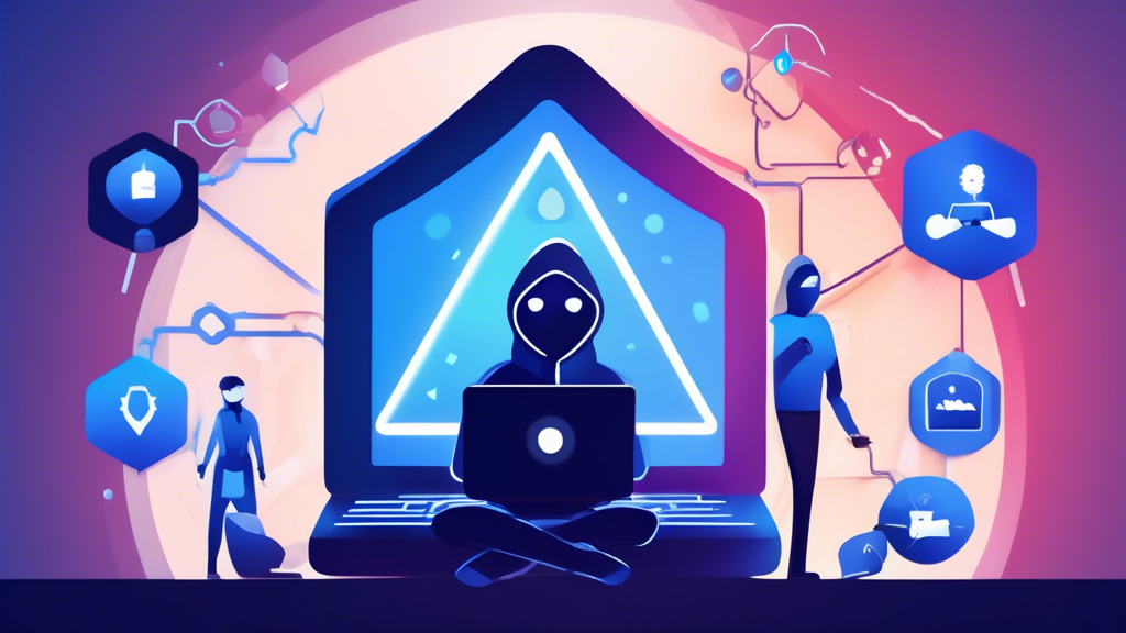 Create an image that showcases the advantages of using NordVPN for online security. The visual should feature a person using a laptop or smartphone with a secure VPN connection, symbolized by a glowing, protective shield around the device. The background should include icons representing threats like hackers, malware, and surveillance, all being repelled by the shield. Incorporate visual elements such as locks, secure checkmarks, and the NordVPN logo to reinforce the concept of online safety and privacy.