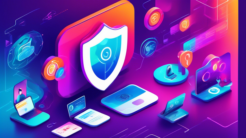 Create a vibrant and modern digital illustration showcasing the concept of online privacy in 2023. Include various digital devices such as laptops, smartphones, and tablets protected by a shield with a lock symbol. Highlight the idea of VPN services by incorporating elements like encrypted connections, anonymous web browsing, and global server locations. Use a futuristic setting with sleek design aesthetics and vibrant colors to emphasize technology and security.