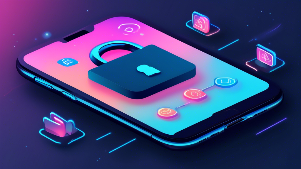 Create an image of an iPhone with a VPN app icon prominently displayed on the screen. Surround the phone with visuals representing security, privacy, and global access, such as padlocks, shields, and globes with location pins. The background should be a blend of digital and futuristic elements to emphasize the technological advantage of using a VPN.