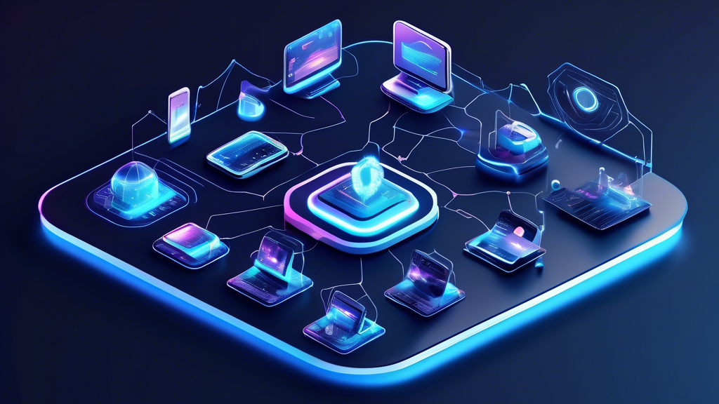 Create an image that depicts a futuristic digital landscape in 2023, showcasing various devices such as smartphones, laptops, and tablets all connected to a secure, glowing network. Each device should display a shield icon symbolizing protection. Include modern, sleek UI elements and holographic interfaces that indicate the use of free VPN services. The background should have a clean, tech-savvy aesthetic with subtle padlock symbols to emphasize security.