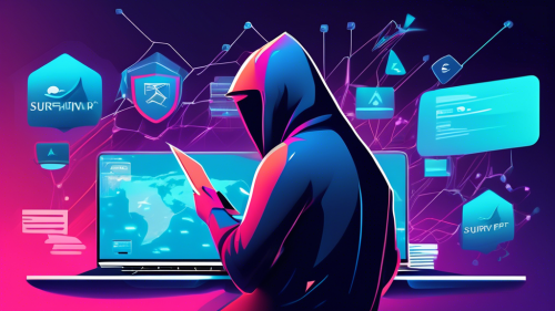 Create a visually striking image depicting a person confidently browsing the internet on a laptop, while a sleek digital shield labeled Surfshark VPN surrounds them, protecting them from various online threats like malware, hackers, and data breaches. The background should feature a blend of vivid cyber elements, representing the secure and private nature of using Surfshark VPN.