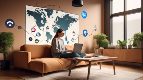 An image of a friendly, modern living room setting where a person is comfortably seated on a couch with a laptop that displays various VPN service logos. The room has a minimalistic design with cozy elements like plants and a coffee table. Behind the person, a large screen shows a world map with VPN connection lines linking different countries, illustrating global connectivity. On the coffee table, there are documents and charts comparing VPN features, and a cup of coffee, suggesting a thorough and relaxed evaluation of options. The scene conveys a sense of security, technology, and thoughtful decision-making.