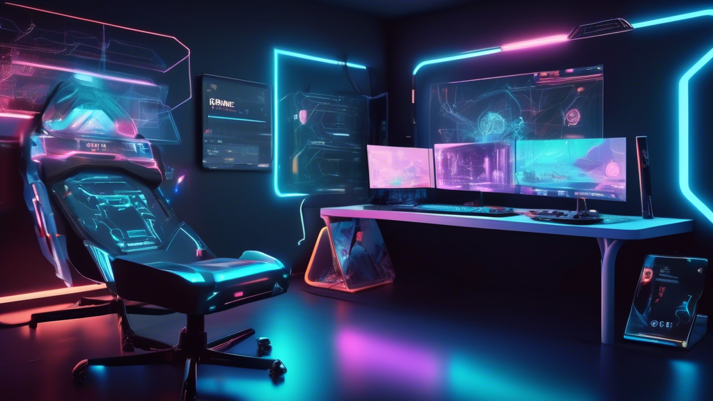 Create an image of a futuristic gaming setup in 2023, with a sleek computer displaying a popular video game. Near the computer, show a holographic interface detailing VPN statistics like ping, download speed, and server location. Add visual elements like a gaming chair, colorful LED lights, and game-related posters on the wall. Include subtle indicators of network security, such as padlock icons or secure connection symbols, to emphasize the use of a VPN for gaming.