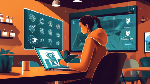 Create an illustration showing a person using a laptop in a coffee shop with a Norton VPN shield icon prominently displayed on the screen. Around the person, show digital elements like secure padlocks, encrypted data streams, and a Wi-Fi network being protected by a virtual barrier, conveying online security and privacy.