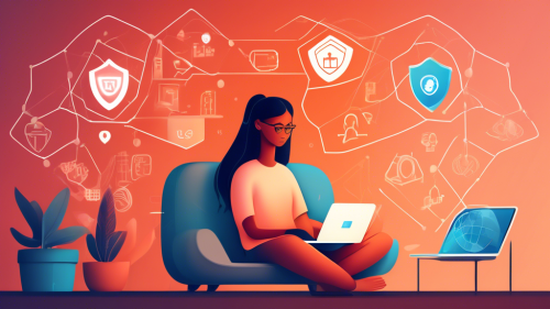 A digital illustration showing a person using a laptop in a cozy, modern living room setting, surrounded by symbols of online safety like a shield, padlock, and a VPN icon. The person has a relaxed, confident expression, while stylized lines connect to a globe symbolizing the internet, emphasizing the theme of private internet access. Soft, warm lighting enhances the safe and secure atmosphere.