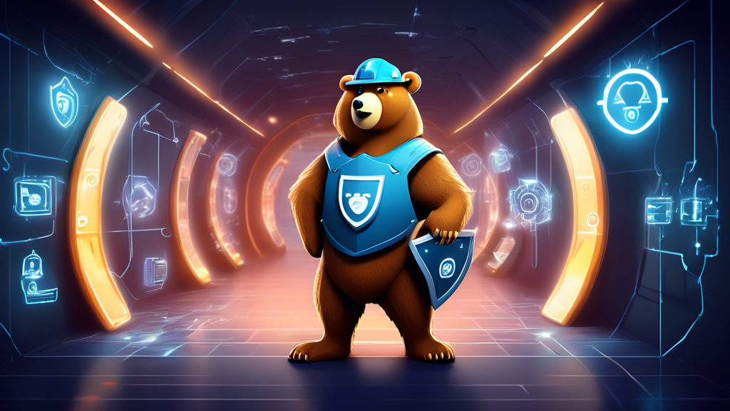 Create an illustration of a friendly, cartoon bear wearing a construction hat and holding a shield, standing in front of a tunnel with glowing lights and digital security icons like locks, keys, and shields. The backdrop should feature a stylized internet network with interconnected nodes, symbolizing cybersecurity and encrypted connections.