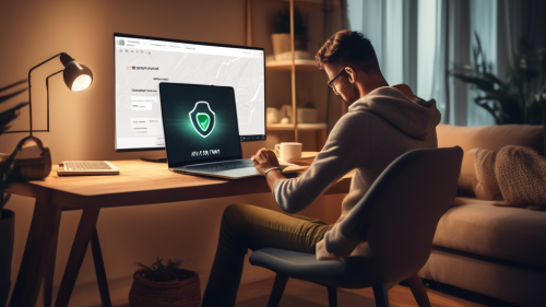 Create an image of a person comfortably browsing the internet on a laptop while sitting in a cozy, modern living room. Highlight the interface of Atlas VPN on the laptop screen, showing a secure connection status. Add elements that represent digital security, such as padlocks and shields, subtly integrated into the background decor. The scene should feel both secure and inviting, emphasizing the benefits of using Atlas VPN for safe online browsing.