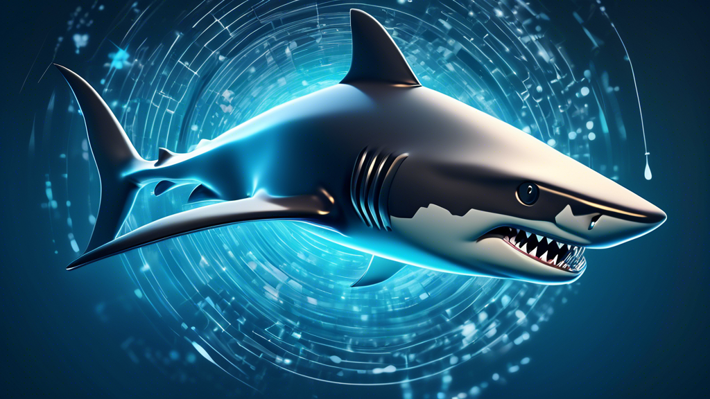 Create an image of a sleek, futuristic shark swimming through an ocean of digital data, symbolizing strong online privacy and security. The shark wears a shield-like emblem with a locked padlock, representing VPN protection. In the background, there are abstract representations of threats like hackers and malware being warded off by the shark.