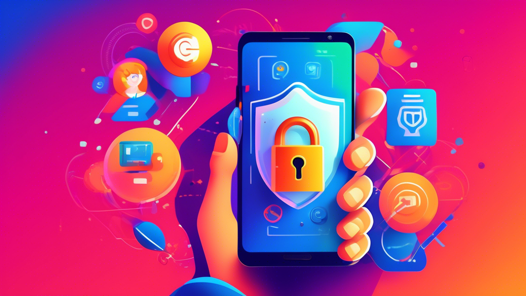 Create an image of a cheerful user holding an Android smartphone with a bright, secure lock icon displayed on the screen. Surround the user with symbolic benefits such as a globe representing global access, a shield representing enhanced security, a speedometer symbolizing faster internet, and icons of privacy protection. The background should be vibrant and tech-themed, emphasizing the modern and advanced nature of using a VPN on Android devices.