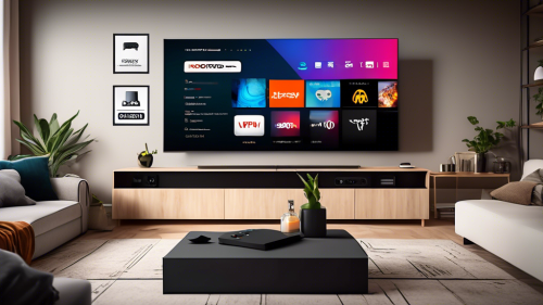 Create an image showcasing a modern living room with a large TV mounted on the wall. The TV screen displays the Firestick home interface with several popular VPN service logos (like NordVPN, ExpressVPN, and CyberGhost) prominently featured. In front of the TV, there is a sleek coffee table with a Firestick remote placed on it. The atmosphere should be cozy and inviting, suggesting a perfect setup for secure and private streaming in 2023.