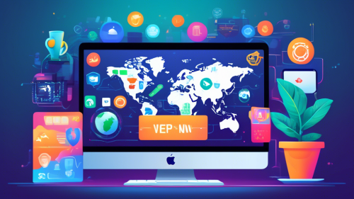 Create an illustration of a modern MacBook screen displaying a variety of popular VPN apps with vibrant icons, each labeled as 'Free VPN 2023'. The background showcases a sleek, tech-savvy workspace, complete with a coffee cup, a notepad, and a plant. Add a subtle globe and padlock symbol overlay to emphasize internet security and global connectivity.