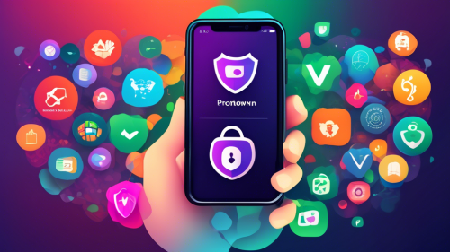 Create an image of an iPhone displaying a colorful app screen with several popular free VPN icons, such as ProtonVPN, Windscribe, and TunnelBear. The background should feature a secure digital network graphic to emphasize internet security and privacy.