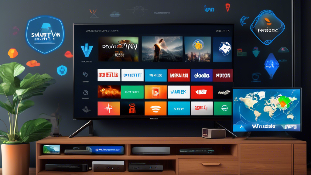 Create an image of a Fire TV Stick connected to a smart TV, displaying various VPN app logos on the screen (such as ProtonVPN, Windscribe, and Hotspot Shield). Surround the TV with colorful, globe-like graphics representing global internet access and security shields indicating safety and protection. The background should be a cozy living room with modern decor, emphasizing a comfortable and secure digital environment.