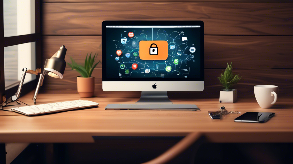 Create an image of a sleek modern MacBook on a stylish wooden desk, with icons of the top VPN services surrounding it. Each VPN icon can be connected to the MacBook through animated lines, suggesting seamless connectivity. The background should feature a blend of a digital world and padlocks, symbolizing security and privacy. A calendar on the wall should display the year 2023.