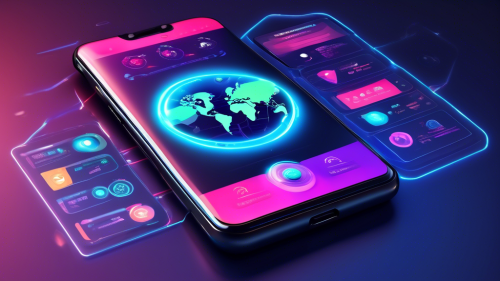 Create an image depicting a sleek, modern smartphone displaying a vibrant Android interface. The screen showcases a VPN app interface with a world map, connected status, and a high-speed meter. Surrounding the phone are digital shields and padlocks symbolizing security, and a top-rated badge indicating the year 2023. Incorporate subtle, futuristic elements to give a sense of cutting-edge technology.