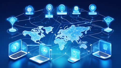 Create a digital illustration depicting various devices like smartphones, laptops, and tablets connected to a secure, ethereal network represented by a translucent shield or lock. The background showcases a world map with dotted lines indicating data protection across different continents. Include subtle icons representing privacy, security, and unrestricted internet access. The color scheme should be in shades of blue and white to signify trust and security.