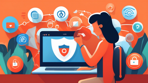 Create an illustration of a person browsing the internet on a laptop, with various VPN Chrome extension icons surrounding the browser window. The background should show a digital shield symbol, emphasizing security. The scene should be modern, sleek, and convey the theme of internet privacy and protection.