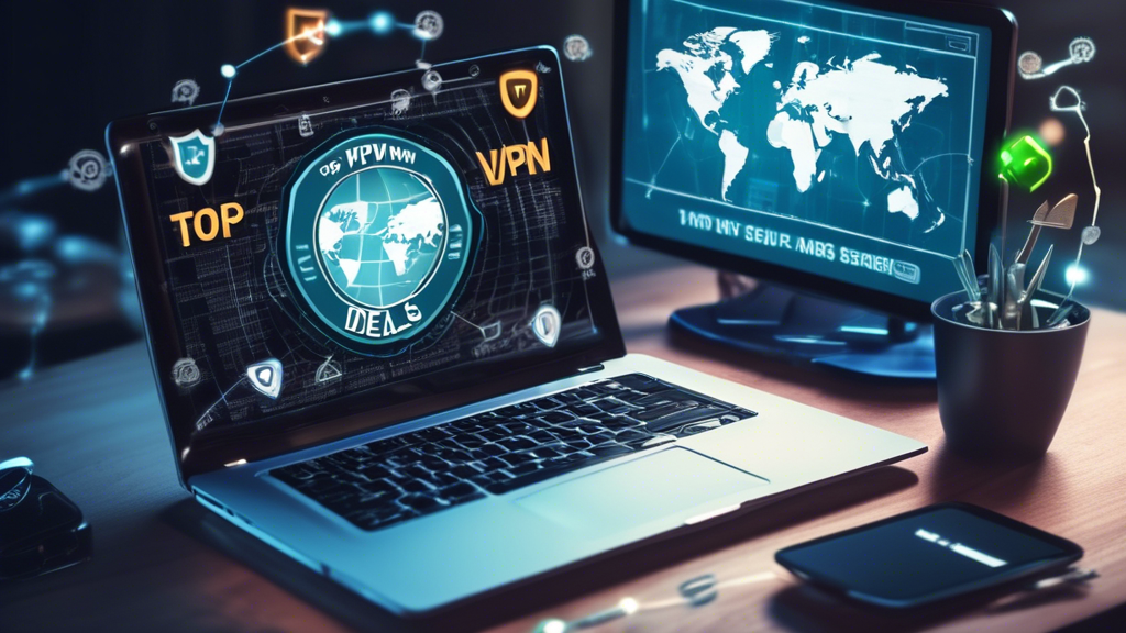 Create an image featuring a sleek and modern laptop on a desk, displaying the text 'Top VPN Deals' on its screen. Surrounding the laptop, show various digital symbols representing internet security, privacy, and savings, such as padlocks, shields, and dollar signs. In the background, include subtle hints of a globe to represent global online privacy. Use a professional and trustworthy color scheme with shades of blue and green.