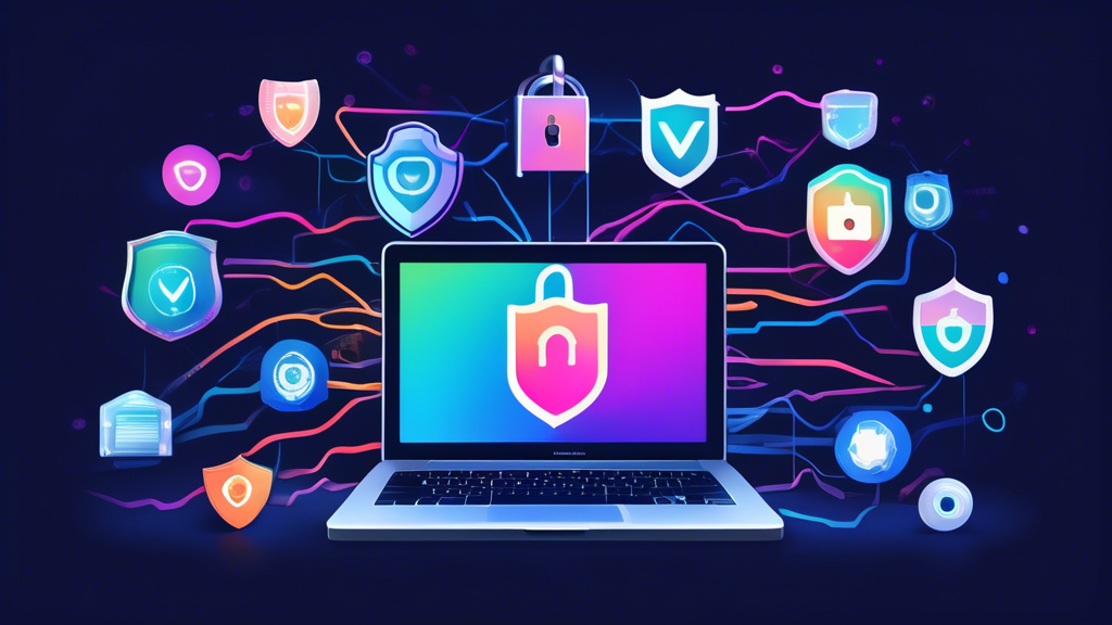 Create an illustration of a modern MacBook surrounded by virtual padlocks and shields, symbolizing enhanced online security. The MacBook screen displays a list of top VPN services, with vibrant icons of popular VPN brands. The background includes a subtle world map with secure, encrypted connection lines linking different countries, highlighting global protection.