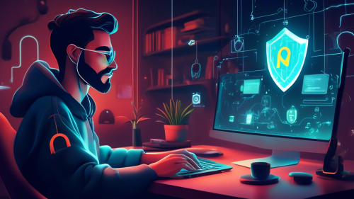 Create an image of a person using a computer in a cozy, secure home environment with a Proton VPN logo visible on the screen. The background should include symbols of security such as padlocks and shields, along with a glowing, futuristic digital network. The mood should be one of safety and protection, with a serene and focused atmosphere.