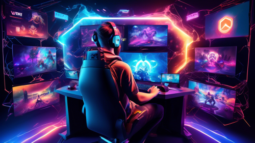 Create an image of a gamer sitting at a high-tech gaming setup, surrounded by vibrant visuals of different online game worlds blending together. A virtual shield labeled 'Gaming VPN' hovers above the setup, emitting a secure and glowing aura that enhances the overall gaming atmosphere. Include elements like reduced lag symbols, secure connections, and happy gamer expressions to emphasize the benefits.