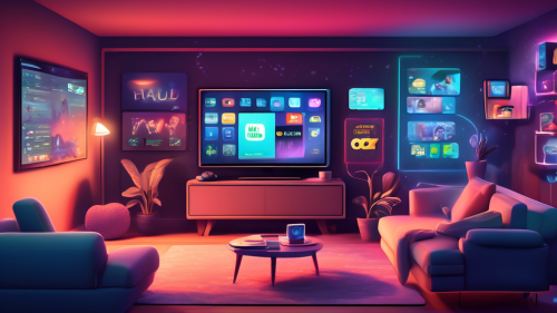 Create a detailed illustration of a cozy living room with a large flat-screen TV in the center, displaying various popular streaming services' logos (like Netflix, Hulu, Disney+, etc.). Around the room, feature subtle tech elements such as a laptop, a tablet, and a smartphone, each showing a connecting VPN interface. Add a calming, futuristic background with slight neon accents to indicate advanced technology. Make sure to convey the idea of seamless and secure streaming through the vibe and the various devices using a VPN.