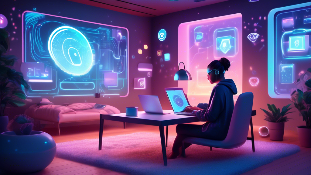 Create a digital artwork of a person using a laptop in a cozy, modern room. The scene should also include floating holographic shields and locks around the person, signifying enhanced online privacy. The background should have subtle, futuristic elements like a smart assistant and ambient light, emphasizing technology and security. Include the PureVPN logo subtly in the corner of the image.