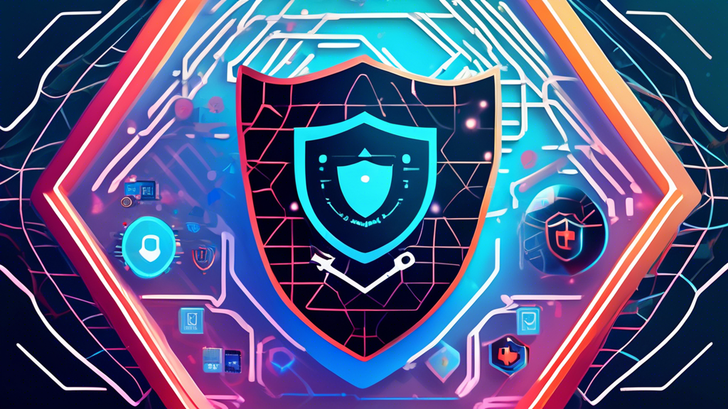 Create a visually striking image of a digital shield emblem embellished with a wire mesh pattern, symbolizing robust online security, set against a futuristic background that includes icons of various devices interconnected by a vibrant network to represent a VPN. Include the text 'WireGuard VPN' seamlessly integrated into the design to highlight its role in enhancing online security.