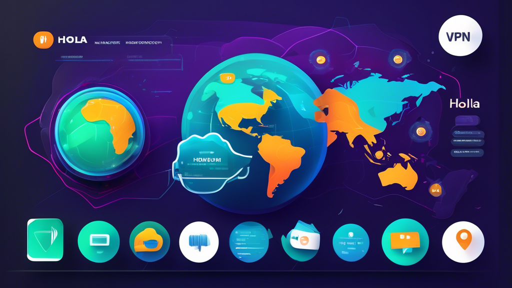 Create an image of a friendly, modern digital interface showcasing the features and benefits of Hola VPN. The illustration should include elements like a world map with location points, symbols for high-speed internet, secure browsing with a shield icon, multi-device compatibility, and an intuitive user interface design. Use a sleek, tech-savvy style with vibrant colors to highlight the efficiency and reliability of the VPN service.