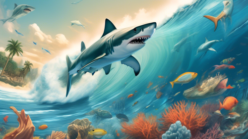 Create an illustration of a surf shark demonstrating unique behavior in its natural ocean habitat. This shark should be depicted riding a wave close to the shore, interacting playfully with other marine creatures like dolphins, fish, and turtles. The scene should have a vibrant underwater and above-water split view, showing the underwater world teeming with coral reefs and marine life, and the surf shark above the water engaging with the waves. The background should feature a stunning sunset over the ocean, casting warm, golden hues across the scene.