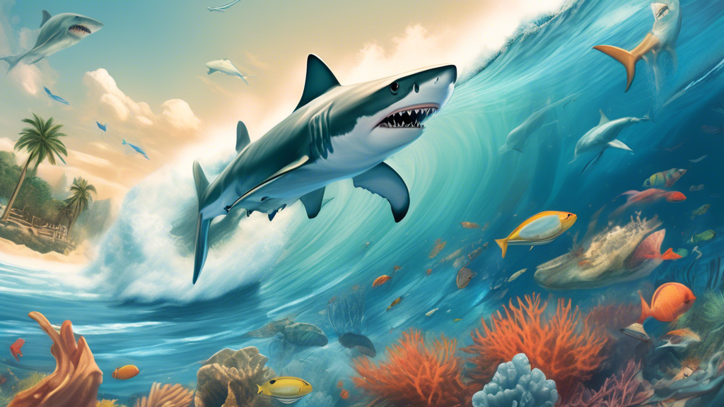 Create an illustration of a surf shark demonstrating unique behavior in its natural ocean habitat. This shark should be depicted riding a wave close to the shore, interacting playfully with other marine creatures like dolphins, fish, and turtles. The scene should have a vibrant underwater and above-water split view, showing the underwater world teeming with coral reefs and marine life, and the surf shark above the water engaging with the waves. The background should feature a stunning sunset over the ocean, casting warm, golden hues across the scene.