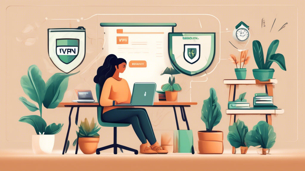 Create an image of a person sitting at a cozy, budget-friendly home office setup, using a laptop marked with a 'VPN' logo. Around the laptop, show shields and padlocks symbolizing security, while dollar signs and discount badges emphasize affordability. The background features a friendly, inviting atmosphere with subtle elements like a coffee mug and potted plants to enhance the budget-friendly vibe.