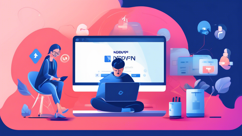 Create a detailed illustration that visually explains a step-by-step guide for getting NordVPN for free. Include a VPN logo, a laptop screen demonstrating the signup process, icons representing different steps, and a person looking happy and secure while using their computer. Use a modern, tech-savvy setup with a friendly and helpful atmosphere.