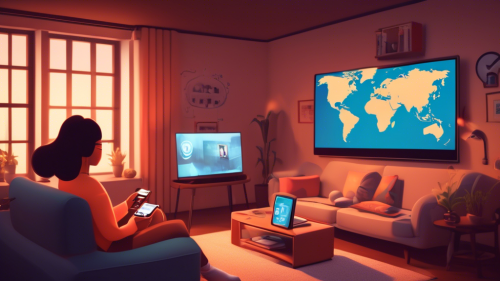 A cozy living room with a person sitting comfortably on a couch, holding a remote control, and watching a TV screen that displays the Netflix logo and a globe icon to signify global content. In the background, a laptop open on a side table shows a connected VPN interface with multiple country options.