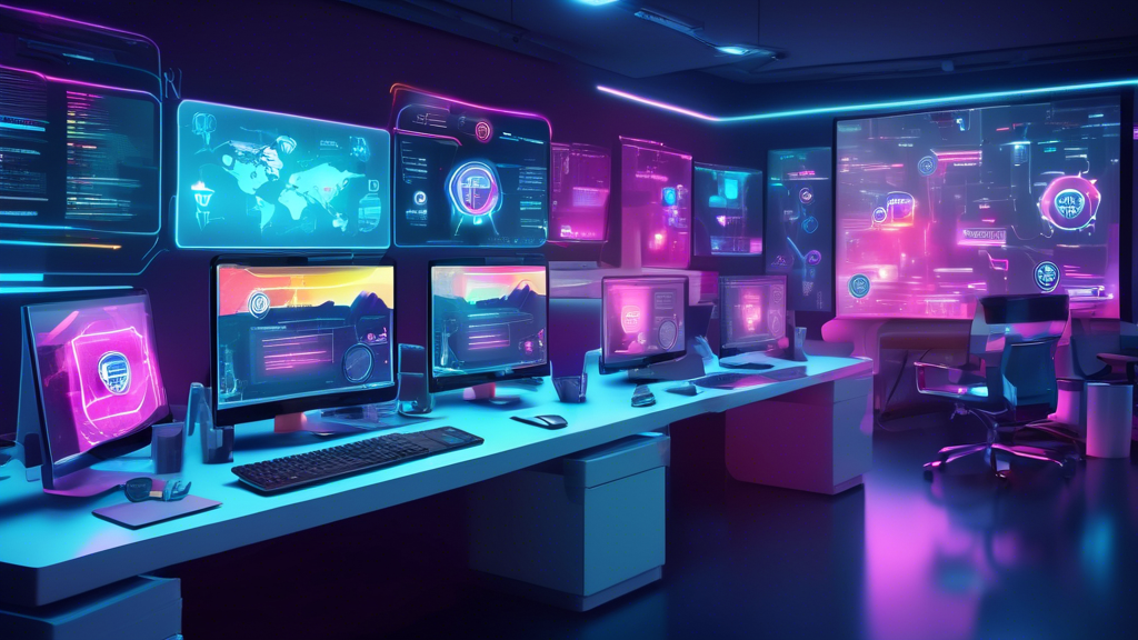 Create an image of a high-tech, futuristic office setting with multiple computer screens displaying colorful VPN interfaces. In the foreground, a sleek desktop computer showcases a 'Best VPN for PC 2023' banner on its screen. Surrounding the computer are digital security icons, like shields and padlocks, symbolizing protection. The overall atmosphere should be modern and secure, highlighting the sophistication of top VPN software for PC in 2023.