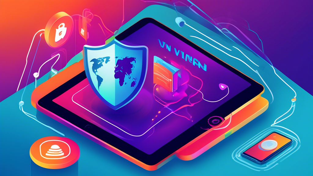 Create an illustration showcasing an iPad with a virtual private network (VPN) application running on it. The background should include symbols of benefits such as a shield for security, padlocks for privacy, a globe for global access, and fast speed lines for improved performance. Use a sleek and modern design with vibrant colors to emphasize the protection and advantages of using a VPN on an iPad.