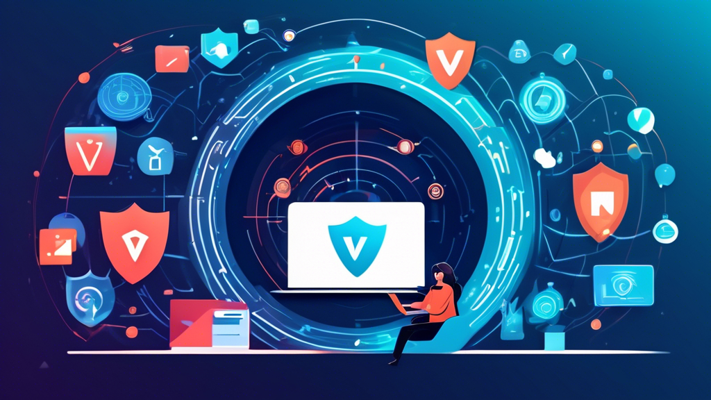 Create a high-quality digital artwork that illustrates the concept of a Private VPN. Depict a person using a laptop with a shield symbol on the screen, connected to a secure virtual tunnel. Surround them with icons representing privacy, security, anonymity, and data protection. Make the background a blend of a virtual world and real-world elements to emphasize online privacy.