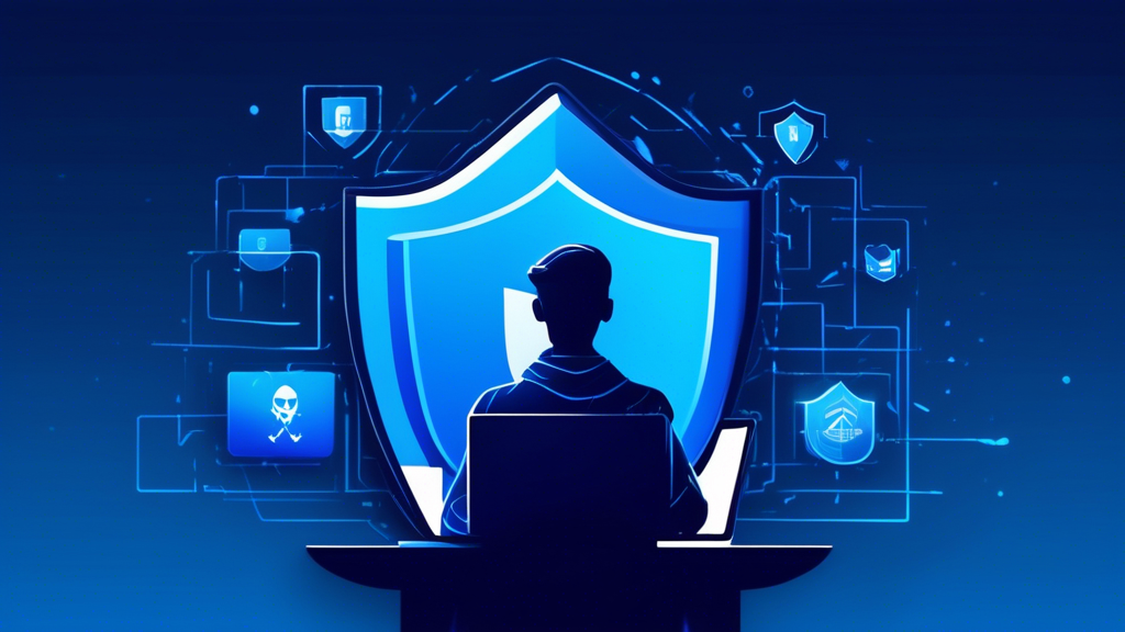 Create an image showcasing a digital fortress with a lock symbol, enveloped in a glowing blue shield. Inside the fortress, depict a person using a laptop with the NordVPN logo on the screen. Around the fortress, show a world map with various data threats, like malware and hackers, being blocked by the shield. Use a modern, sleek style with vibrant colors to emphasize online privacy and security. Incorporate subtle text elements that say NordVPN and Essential for Online Privacy in one corner of the image.