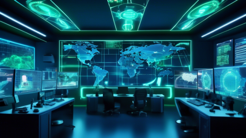 Create an image of a futuristic, high-tech control room filled with holographic displays of internet security metrics and VPN connection maps. In the center, there's a large digital world map illustrating encrypted VPN tunnels protecting data, with padlock icons hovering above various global locations. The scene is set in a dimly lit environment, highlighting the screens' vibrant blues and greens, symbolizing online privacy and safety. Include figures of diverse tech experts examining the displays with an air of determined concentration.