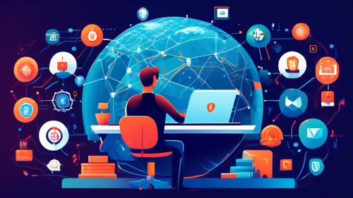 An imaginative and visually engaging illustration showing a person sitting at a desk with a laptop, surrounded by digital elements representing VPN technology. Include icons of shields, locks, and globe symbols to signify security and global connectivity. The background should feature a stylized Windows interface with various VPN options displayed. The overall color scheme should be sleek and modern, reflecting a high-tech environment.