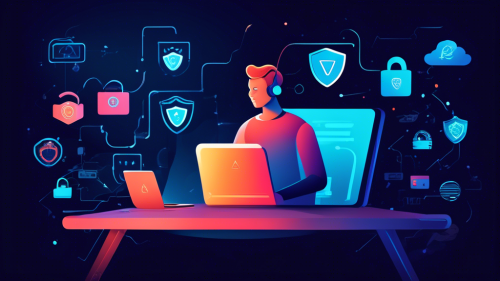 Create an illustration of a person sitting at a desk using a laptop with a digital shield logo representing VPN technology, surrounded by symbols of strong online security like locks, keys, and encrypted data streams. The setting should be modern and high-tech, with a calming color palette that conveys safety and protection. Include visual elements that suggest secure browsing and privacy, such as a glowing globe or network connections.