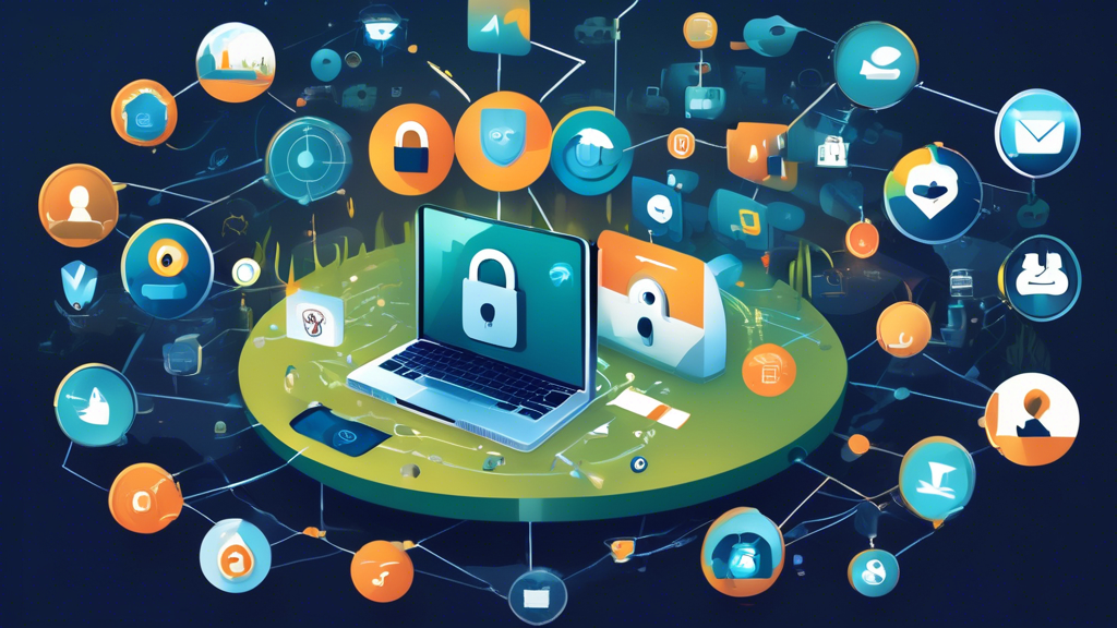 Create an image that visually represents the concept of online privacy, featuring a digital landscape with a lock symbol at the center, surrounded by various icons representing internet activities such as browsing, streaming, and social media. Include a laptop or smartphone displaying the Avast VPN interface, with a serene, secure atmosphere. Incorporate elements like shield icons and encrypted data streams to highlight security and protection.