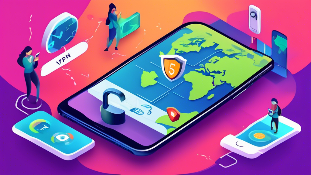 Create an illustration showcasing the top 5 free VPN apps for iPhone in 2023. Include vibrant icons representing each VPN service, an iPhone displaying a lock symbol and digital security elements, and a backdrop of a global map symbolizing online safety and privacy. The overall style should be modern and tech-savvy, emphasizing accessibility and security in digital communication.