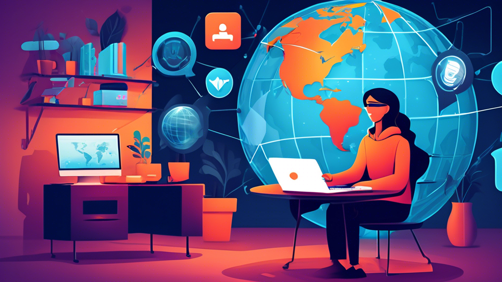 Create an illustration that visualizes the concept of online privacy with a focus on a VPN (Virtual Private Network). Depict a person sitting in a cozy home office, using a laptop surrounded by digital elements like shields, locks, and encrypted data streams. Show a globe with various locations connected through secure lines to represent global internet access, emphasizing the theme of enhanced privacy and security online. Use a color palette that conveys trust and technology, incorporating blues and greens.