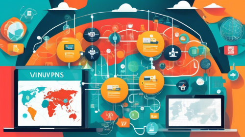 Create a visually engaging infographic illustrating the concept of Virtual Private Networks (VPNs). Include elements like a computer connected to a secure network, a lock symbol representing online privacy, and a world map showing global connectivity. Use a modern design style with vibrant colors and clear labels to highlight key features and benefits of using VPNs for enhanced online privacy.