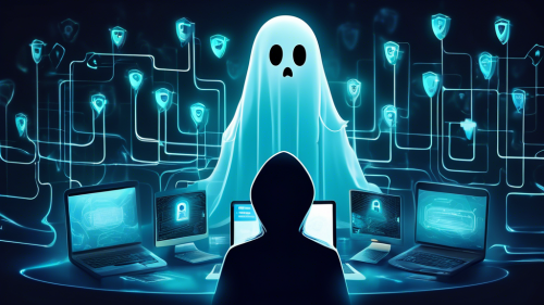 Create an image depicting a digital landscape featuring a ghost-like figure symbolizing anonymity, surrounded by secure locks and shields representing online privacy. In the background, show a computer and smartphone connected by a flowing, glowing line that symbolizes a secure VPN connection. The overall mood should convey safety and security in the digital world.