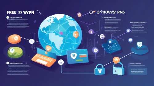 An infographic-style illustration featuring the top 5 free VPNs for Windows. Each section should display a unique icon representing internet security, privacy, and connectivity. The background should have a digital theme with imagery of a computer screen, padlocks, and globe symbols to emphasize secure internet connections. Include labels with catchy names for each VPN, alongside user-friendly features such as 'No Logs', 'High Speed', and 'Easy Setup'. Utilize a color palette that combines blue and green tones to convey trust and safety.